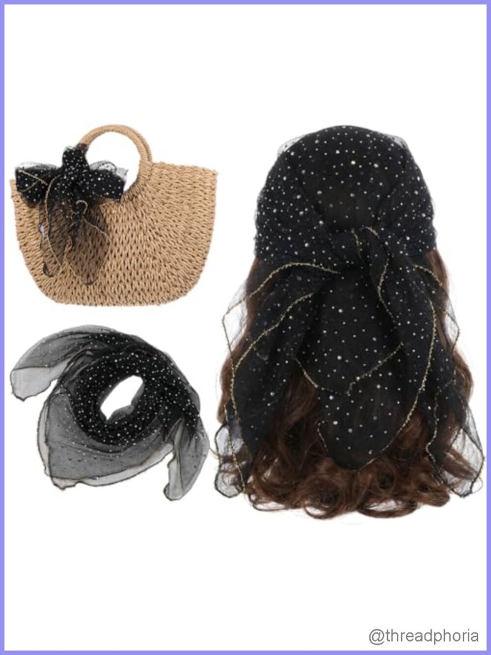 Sheer Head Scarf for Women - Rhinestone Sequin Bandana, Purse Handbag Decor